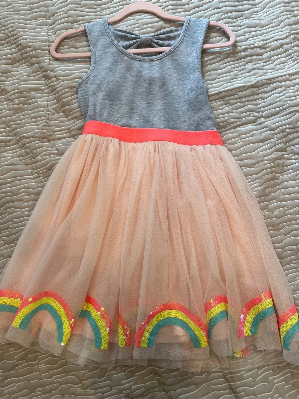 Zunie Girls Sleeveless Gray Peach Tulle Dress with Rainbow sparkle sequin trim